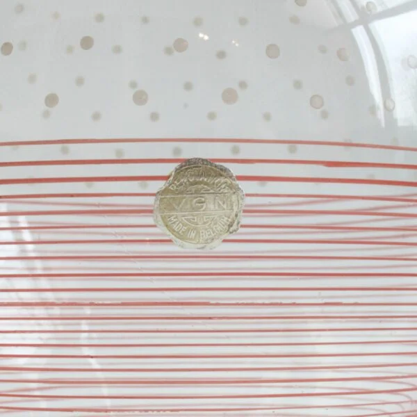 Art deco glass ball vase by Karel Heller for V.G.N Verreries & Gobleteries Nouvelle, Belgium 1930s. Clear ball shaped vase decorated with red dots and lines | Century Soup |