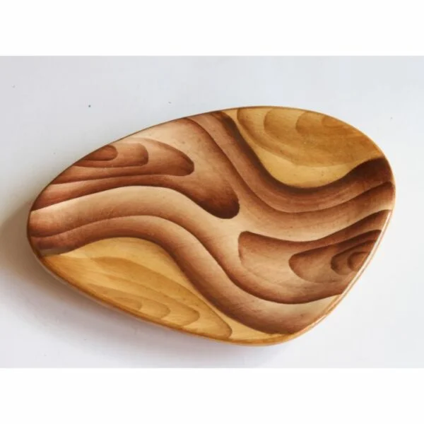 A set of three organic shaped faux bois or wood grain imitation painted ceramic serving dishes or tapa platters. Crafted by Grandjean Jourdan, Vallauris France 1950s. Century Soup vintage design collectibles curiosa antiques antwerp.