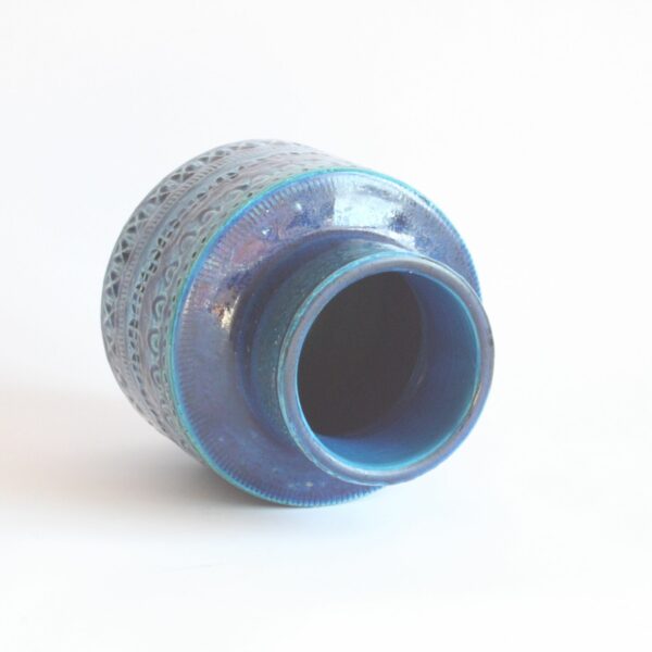 A vintage mid century blue ceramic vase by Aldo Londi for Bitossi, Italy 1960s. Cylindrical shape with a smaller radius at the base and at the top. In the typical Rimini blue | Century Soup |