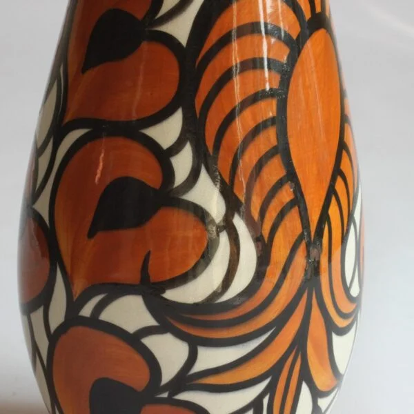 A Schramberg majolica vase, hand painted in black, orange and white floral decor. Attributed to Eva Zeisel | Century Soup |