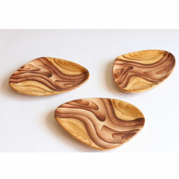 A set of three organic shaped faux bois or wood grain imitation painted ceramic serving dishes or tapa platters. Crafted by Grandjean Jourdan, Vallauris France 1950s. Century Soup vintage design collectibles curiosa antiques antwerp.