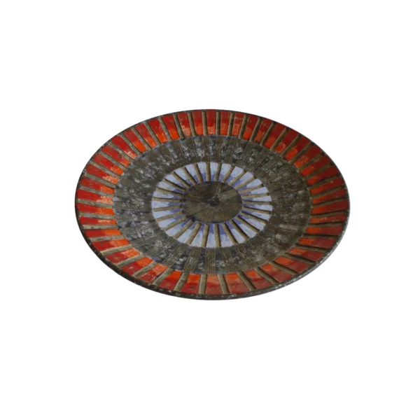 A large round geometric plate in ceramic by Fratelli Fanciullacci, Italy 1960s. Red and blue sgraffito decor pattern to resemble a mosaïc | Century Soup | Vintage italian studio ceramics mid century modern