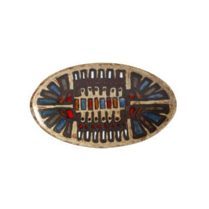 Perignem ceramic centrepiece plate 1960s Large oval brutalist ceramic centerpiece platter by perignem, belgium 1960s. On top a rusty beige color, decorated with and abstract composition of dots and squares in black frames. Brown, blue, red, orange and white glazings inside of the black frames Black glazing underneath, the piece stands on four little legs. Oxidation fired | Century Soup |