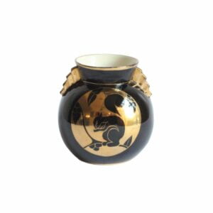 Charles Catteau squirrel vase for Boch Keramis 1930s A black and gold decorated art deco vase with a squirrel. Ball shaped with stepped ears in typical art deco style. Designed by Charles Catteau for Boch Keramis, Belgium. Model number D.2137. Century soup vintage design antiques curiosa collectibles antwerp.