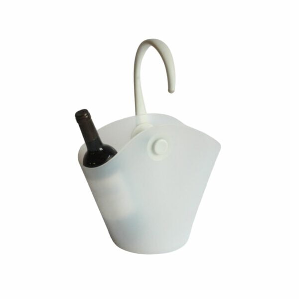 Alessi Chiringuito champagne or wine bottle bucket cooler that hangs from the side of the table. Designed by Ron Arad and Alberto Gozzi for Alessi in 2004. In a white thermoplastic resin. A chiringuito is a typical Spanish semi temporary beach or riverside restaurant or bar. Century soup vintage design antiques curiosa collectibles antwerp.