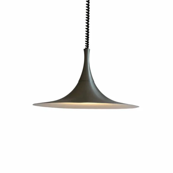 A vintage aluminum pendant lamp or ceiling light in the shape of a witches hat. Vintage Scandinavian style influenced design, probably a Belgian or Dutch manufactered model. Century soup vintage design antiques curiosa collectibles antwerp.