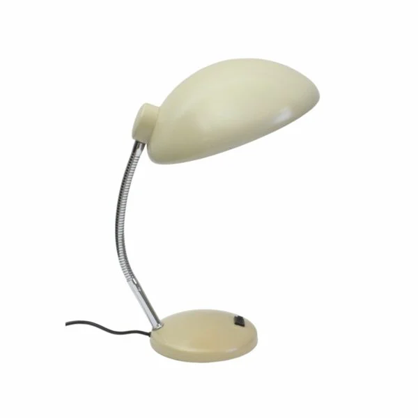 Flexible metal desk lamp by Massive Belgium 1970s Beige metal shade and base, flexible chrome neck. Condition report: Very good vintage condition, tested and working. May show normal signs of wear consistent with age and use. E27 LED bulb included. Century soup vintage design antiques curiosa collectibles antwerp.
