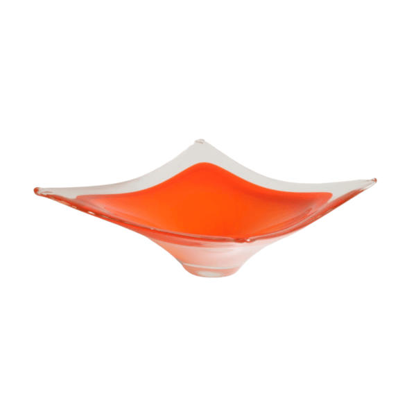 Large handblown orange murano glass bowl, italy 1970s. Very "that 70s show" colorways! Inner part orange, clear outside. Century soup vintage design antiques curiosa collectibles antwerp.