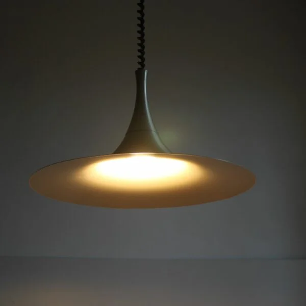 A vintage aluminum pendant lamp or ceiling light in the shape of a witches hat. Vintage Scandinavian style influenced design, probably a Belgian or Dutch manufactered model. Century soup vintage design antiques curiosa collectibles antwerp.