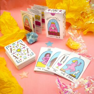 Absolutely Tarotble Tarot deck | 78 unique cards | online guidebook in poems The Absolutely Tarotble card deck contains a set of 78 uniquely designed tarot-cards and a little leaflet with the "how and what"! Making you laugh or giggle whilst divining your faith is the soul purpose of these cards. They are based on the imagery of the original Rider Waite card-deck but are given a cute twist. I have hand-drawn all these cards during the Covid-lockdown in Belgium while I was staying in a farmhouse on the countryside. The making of this deck was an utmost amazing experience and I'm so proud of having them now printed out and boxed. The size of these cards lays comfortably in your hands and they are printed on sturdy 300mg paper which is easy to flip through. They are ecologically printed by a solar-powered factory in Italy on bridge card-size (58x88cm / 2,28x3,46 inch).
