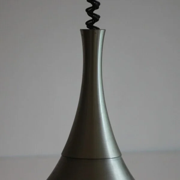 A vintage aluminum pendant lamp or ceiling light in the shape of a witches hat. Vintage Scandinavian style influenced design, probably a Belgian or Dutch manufactered model. Century soup vintage design antiques curiosa collectibles antwerp.