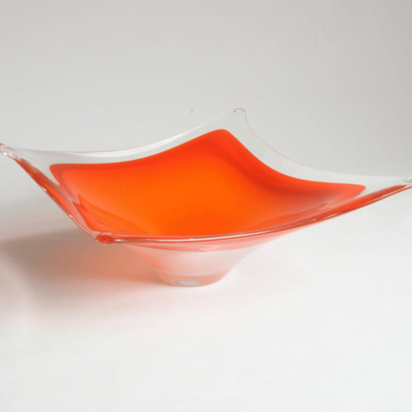 Large handblown orange murano glass bowl, italy 1970s. Very "that 70s show" colorways! Inner part orange, clear outside. Century soup vintage design antiques curiosa collectibles antwerp.