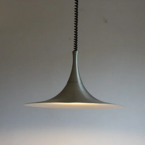 A vintage aluminum pendant lamp or ceiling light in the shape of a witches hat. Vintage Scandinavian style influenced design, probably a Belgian or Dutch manufactered model. Century soup vintage design antiques curiosa collectibles antwerp.