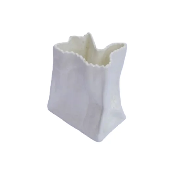 A vintage white paper bag vase in porcelain. Century soup vintage design antiques curiosa collectibles antwerp.