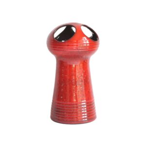 Emiel Laskaris ceramic space age vase Belgium 1960s Red glazed space age style ceramic vase. Hand turned ribbed vase, round UFO-like head with four holes cutout. By Emiel Laskaris, Belgium 1960s. Emmanuel "Emiel" Laskaris was a Greek ceramic artist. He settled in Sint Niklaas and was active between the 1960s-1980s. Simultaneous with the Perignem,Amphora and Marechal ateliers. Century soup vintage design antiques curiosa collectibles antwerp.
