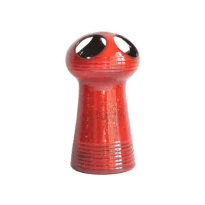Red glazed space age style ceramic vase. Hand turned ribbed vase, round UFO-like head with four holes cutout. By Emiel Laskaris, Belgium 1960s. Emmanuel "Emiel" Laskaris was a Greek ceramic artist. He settled in Sint Niklaas and was active between the 1960s-1980s. Simultaneous with the Perignem,Amphora and Marechal ateliers. Century soup vintage design antiques curiosa collectibles antwerp.
