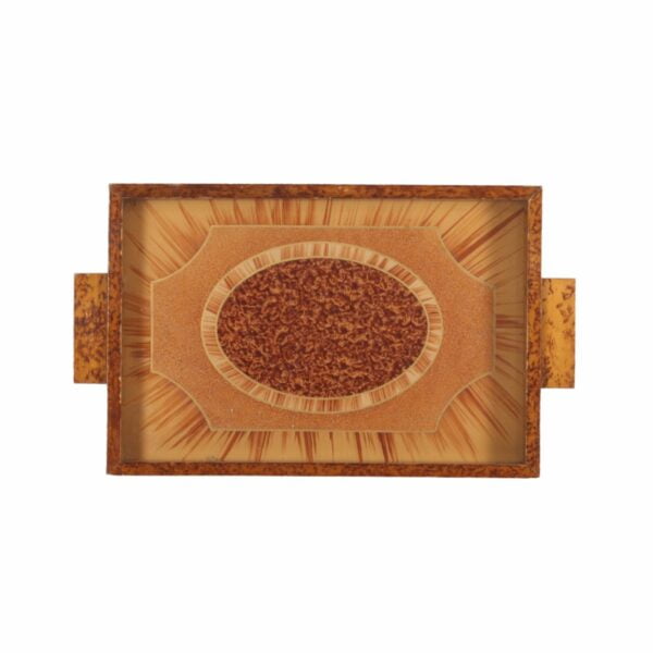 Art deco rectangular tray with an eglomisé painted glass surface and a painted wooden frame. The wood is painted with faux-bois patterns to resemble burlwood or root wood. Glass painted on underneath in typical art deco fashion, marquetry patterns in the middle and sunrays behind. Century soup vintage design antiques curiosa collectibles antwerp. The wood is painted with faux-bois patterns to resemble burlwood or root wood. Glass painted on underneath in typical art deco fashion, marquetry patterns in the middle and sunrays behind.