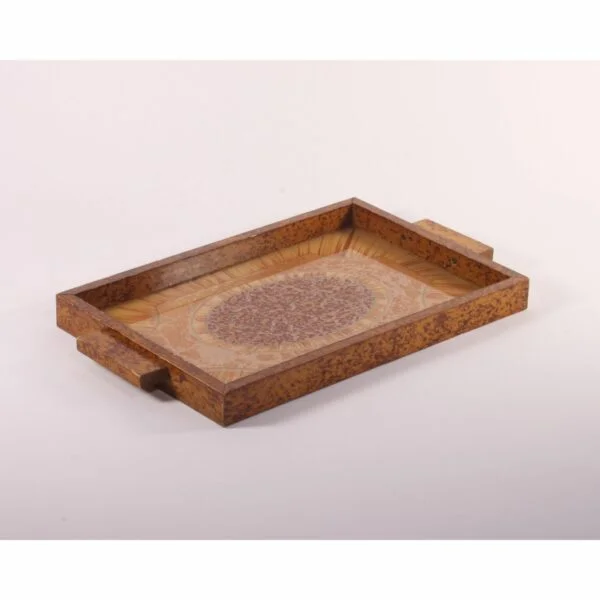 Art deco rectangular tray with an eglomisé painted glass surface and a painted wooden frame. The wood is painted with faux-bois patterns to resemble burlwood or root wood. Glass painted on underneath in typical art deco fashion, marquetry patterns in the middle and sunrays behind. Century soup vintage design antiques curiosa collectibles antwerp.
